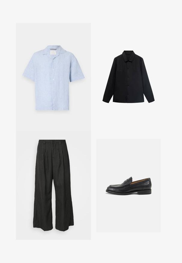 Czarna koszula z długim rękawem, z wywijanym kołnierzykiem, z zamknięciem na guziki z przodu oraz dwoma kieszeniami na piersi. Wykonana z gładkiego materiału o dopasowanym kroju.; Jasnoniebieska koszula z krótkim rękawem, wykonana z lnu, z pionowymi białymi paskami, z ostro zakończonym kołnierzykiem i pięcioma guzikami z przodu.; Czarne spodnie w szerokie nogawki w paski, z zakładkami, charakteryzujące się dopasowanym krojem i miękką teksturą. Brak widocznych metalowych elementów lub akcentów.; Czarne skórzane mokasyny o gładkim wykończeniu, zaokrąglonym nosku i dekoracyjnym przeszyciu na cholewce. Niski, warstwowy obcas i delikatny połysk.