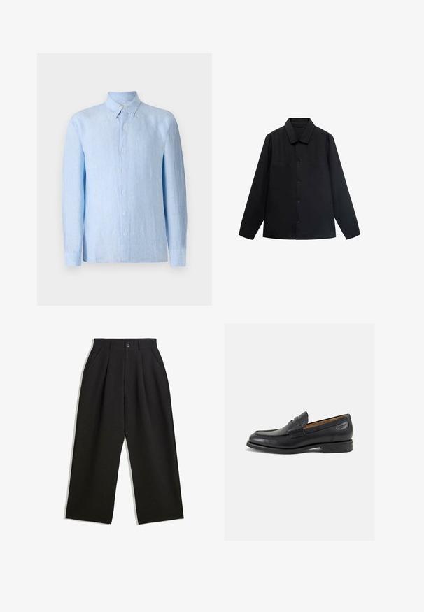 Chemise noire à manches longues avec col pointu, fermeture à boutons sur le devant et deux poches poitrine. Fabriquée dans un tissu lisse avec une coupe structurée.; Chemise boutonnée en bleu clair à manches longues, fabriquée en tissu texturé. Elle possède un col classique et une patte de boutonnage à l'avant.; Pantalons noirs à coupe décontractée, avec des plis à l'avant, des poches latérales et une fermeture à bouton. Fabriqués en tissu texturé.; Mocassins en cuir noir avec une finition lisse, bout rond et coutures décoratives sur la tige. Talon bas empilé et léger brillant.