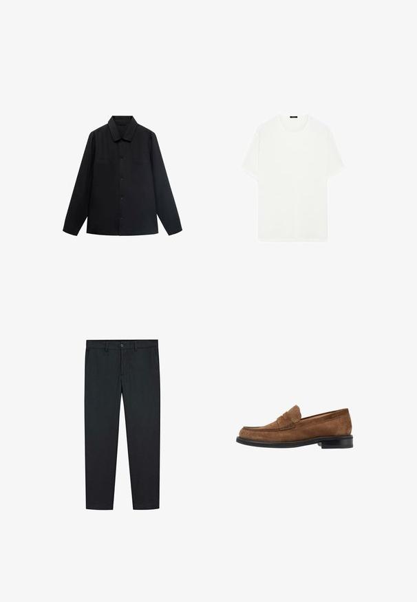 Schwarzes Langarmshirt mit spitzem Kragen, Knopfverschluss vorne und zwei Brusttaschen. Aus einem glatten Stoff mit strukturiertem Sitz gefertigt.; Weißes T-Shirt mit kurzen Ärmeln aus weichem Stoff. Es hat einen klassischen Rundhalsausschnitt und eine gerade Schnittführung, ohne sichtbare Muster oder Akzente.; Schwarze Hosen mit geradem Bein Design, aus glattem Stoff gefertigt. Besitzt zwei Fronttaschen und einen Knopfverschluss in der Taille.; Braune Wildleder-Loafer mit runder Zehenform, gestickten Details im Obermaterial und einer schwarzen Gummisohle. Minimale Messingakzente.