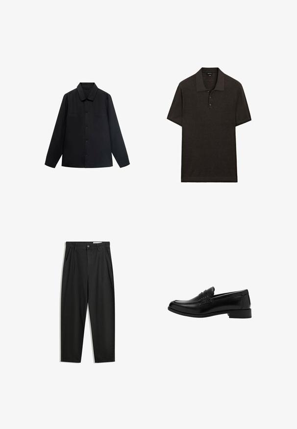 Sort langærmet skjorte med spidse krave, frontlukning med knapper og to brystlommer. Lavet af et glat stof med en struktureret pasform.; Mørkebrun polo med korte ærmer og krave, med tre knapstolper, struktureret stof og ribbede manchetter.; Sorte bomuldsbukser med en afslappet pasform, der har en klassisk talje, frontfolder og sidelommer. Glat tekstur uden mønstre.; Sort læderloafer med rund tå, plisseret frontdetalje, teksturerede accenter og en lav hæl, sat mod en ensfarvet baggrund.