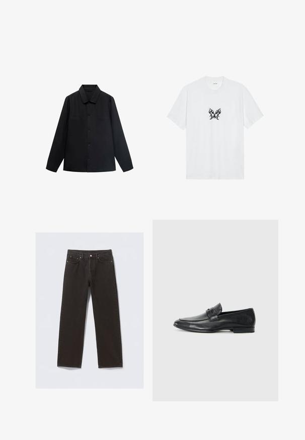 Crna košulja dugih rukava s oštrim ovratnikom, prednjim zatvaranjem na gumbe i dva džepa na prsima. Izrađena od glatke tkanine s strukturiranim krojem.; Bijela pamučna majica s kratkim rukavima i okruglim izrezom. Središnji motiv čini crni leptir s uzorkom plamenova. Glatka tekstura.; Crne traperice od denima ravnog kroja, s pet džepova i šavovima u boji bakra. Glatkoga su tekstura, klasni kopčanje na struku.; Crne kožne mokasine s zaobljenim nosom, šavovima, širokom trakom preko prednjeg dijela i niskim, ravnim potplatom. Glatka završna obrada.