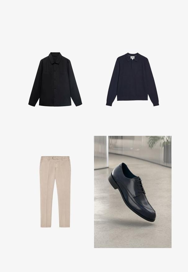 Czarna koszula z długim rękawem, z wywijanym kołnierzykiem, z zamknięciem na guziki z przodu oraz dwoma kieszeniami na piersi. Wykonana z gładkiego materiału o dopasowanym kroju.; Granatowy sweter z kołnierzykiem, długimi rękawami i prążkowanym wykończeniem. Wykonany z miękkiego materiału, z zapięciem na dwa guziki przy dekolcie.; Beżowe bawełniane spodnie o prostym kroju, z zapięciem na guzik, szlufkami na pasek oraz ukośnymi kieszeniami z przodu. Gładka tekstura, bez wzorów.; Lśniący czarny skórzany but na obcasie z sznurówkami, unoszący się nad gładką, jasnoszarym podłogą oraz pionowymi metalowymi prętami w tle.