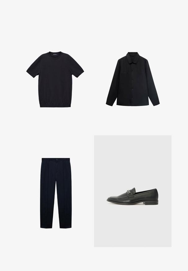 Črna srajca z dolgimi rokavi in usnjenim ovratnikom, sprednjim gumbom in dvema žepoma na prsih. Narejena je iz gladkega materiala s strukturirano prileganjem.; Črna majica s kratkimi rokavi in krožnim ovratnikom, izdelana iz mehkega bombaža, z ravnim krojem in enotno, homogeno teksturo.; Mornarsko modri hlače s ravnim sprednjim delom, izdelane iz lahkega materiala z gladko teksturo; vsebujejo zapiranje na gumb in dva stranska žepa.; Črni usnjeni loafer z gladko površino, ki ima šivano zasnovo in dekorativni kovinski verižni naglas preko vampirja. Ravno peto.