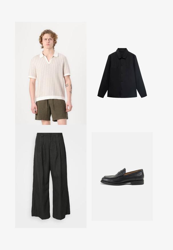 Chemise noire à manches longues avec col pointu, fermeture à boutons sur le devant et deux poches poitrine. Fabriquée dans un tissu lisse avec une coupe structurée.; Polo à manches courtes en tricot beige texturé, avec un col et une bordure blancs. Porté avec un short vert olive.; Pantalons larges noir à rayures avec plis, présentant un design ajusté et une texture douce. Pas de matériel ou d'accents visibles.; Mocassins en cuir noir avec une finition lisse, bout rond et coutures décoratives sur la tige. Talon bas empilé et léger brillant.