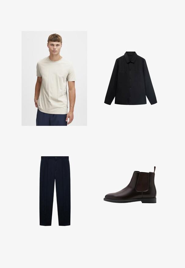 Black long-sleeve shirt with a pointed collar, front button closure, and two chest pockets. Made of a smooth fabric with a structured fit.; Light beige short-sleeved t-shirt made of soft fabric, featuring a round neck and a relaxed fit, with subtle side stitching detail.; Navy blue, flat-front trousers made of lightweight fabric with a smooth texture; features a button closure and two side pockets.; Brown leather Chelsea boot with elastic side panels, a rounded toe, and a pull tab for easy wear. Flat rubber sole. Simple design.
