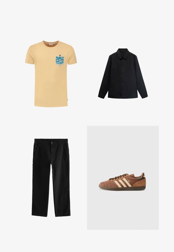 Černá dlouhá rukávová košile s špičatým límečkem, předním zapínáním na knoflíky a dvěma náprsními kapsami. Vyrobena z hladké tkaniny s strukturovaným střihem.; Trič poloof sleeve, kulatý výstřih, v světle žluté bavlně. Obsahuje modrý text "SALT WATER THERAPY" a malou hvězdičku nad ním.; Černé bavlněné kalhoty s rovnými nohavicemi, předním zapínáním na knoflíky, šikmými bočními kapsami a jemnými švy.; adidas Originals SAMBA UNISEX - Tenisky - preloved brown/sand strata/dark brown