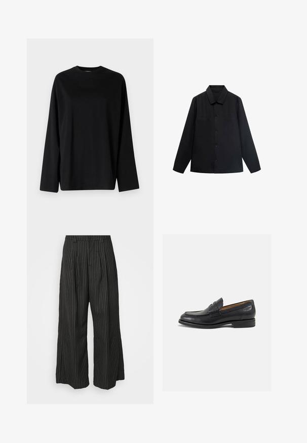 Black long-sleeve shirt with a pointed collar, front button closure, and two chest pockets. Made of a smooth fabric with a structured fit.; Weekday OVERSIZED LONG SLEEVE - Long sleeved top - black; Black pinstriped wide-leg trousers with pleats, featuring a tailored design and a soft texture. No visible hardware or accents.; Black leather loafers with a smooth finish, rounded toe, and decorative stitching on the vamp. Low stacked heel and slight shine.