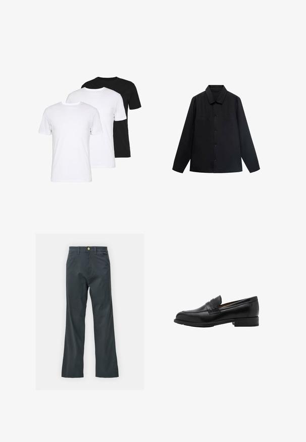 Črna srajca z dolgimi rokavi in usnjenim ovratnikom, sprednjim gumbom in dvema žepoma na prsih. Narejena je iz gladkega materiala s strukturirano prileganjem.; Paket treh majic: ena črna in dve beli. Vsaka ima okroglo ovratnik, kratke rokave in je izdelana iz gladkega bombažnega materiala.; Črne hlače s ravnim krojem, izdelane iz mešanice bombaža. Imajo kovinsko zaponko in stranske žepe. Brez vidnih vzorcev.; Črne usnjene loaferje z vpisanim sprednjim delom in ravnim peto. Gladka tekstura z okroglo konico in dekorativnim pasom čez zgornji del.
