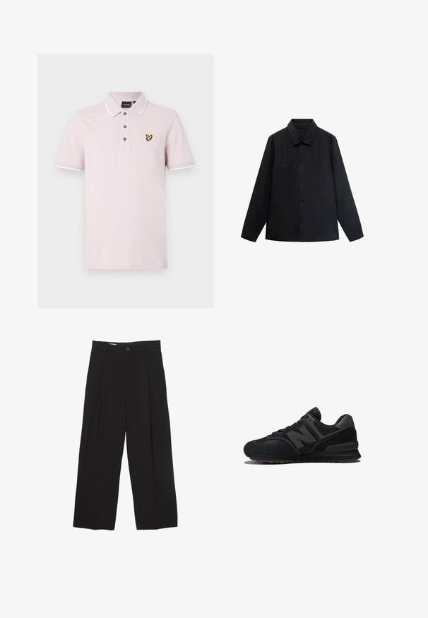 Sort langærmet skjorte med spidse krave, frontlukning med knapper og to brystlommer. Lavet af et glat stof med en struktureret pasform.; Polo skjorte i lyserød bomuld med en tre-knaps knaplukning, hvide detaljer på kraven og ærmerne, samt et gult sommerfuglelogo på brystet.; Sorte bukser med bred benvidde lavet af glat stof, med flad talje, frontfolder og en enkelt knaplukning.; Sort sneaker med en overdel i ruskind og mesh, tyk sål og et fremtrædende 'N' logo på siden. Strukturdesign med snørebåndslukning.