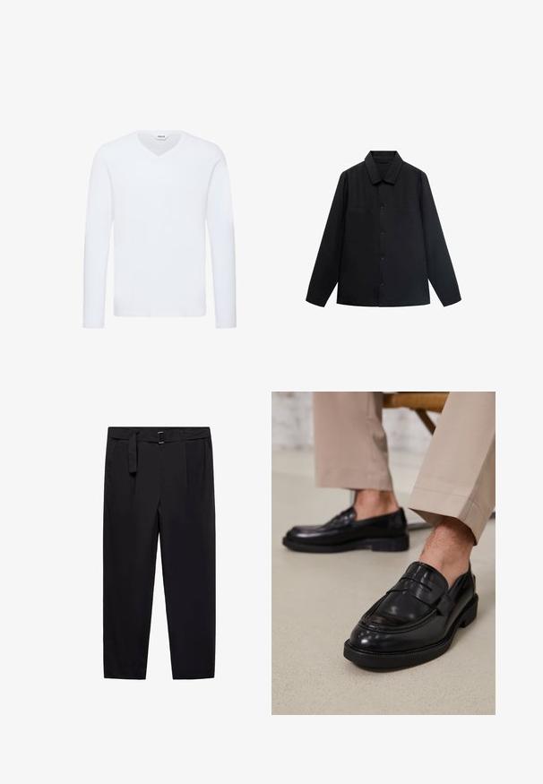 Schwarzes Langarmshirt mit spitzem Kragen, Knopfverschluss vorne und zwei Brusttaschen. Aus einem glatten Stoff mit strukturiertem Sitz gefertigt.; Weißes langärmliges V-Ausschnitt-T-Shirt aus einer weichen Baumwollmischung. Verfügt über eine glatte Textur und einen geraden Saum mit minimalen Details.; Schwarze Hosen mit geradem Schnitt, Gürtelschlaufen und abnehmbarem Gürtel. Glattes Material mit seitlichen Taschen und ohne sichtbare Muster oder Hardware.; Schwarze Lederloafers mit glatter Oberfläche, ausgestattet mit einem dekorativen Riemen und Kontrastnähten, kombiniert mit beigen Hosen.