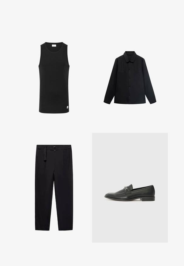 Črna srajca z dolgimi rokavi in usnjenim ovratnikom, sprednjim gumbom in dvema žepoma na prsih. Narejena je iz gladkega materiala s strukturirano prileganjem.; Črna brezrokavnica iz rebraste tkanine, z okroglim izrezom in majhnim logotipom pri robu. Preprost, prilegajoč se dizajn.; Črne hlače s ravnim krojem, zankami za pas in z odstranljivim pasom. Gladka tkanina s stranskimi žepi in brez vidnih vzorcev ali kovinskih elementov.; Črni usnjeni loafer z gladko površino, ki ima šivano zasnovo in dekorativni kovinski verižni naglas preko vampirja. Ravno peto.