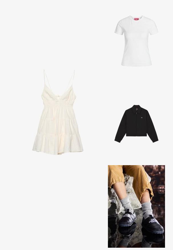 Schwarze Zip-Jacke mit flachem Kragen, langen Ärmeln und Seitentaschen. Auf der linken Seite der Brust befindet sich ein kleines Logo. Hergestellt aus weichem Stoff.; Helles Cremekleid mit dünnen Spaghetti-Trägern, tiefem V-Ausschnitt, gerafftem Taillenbereich und gestuftem Rüschensaum. Aus einem strukturierten Baumwollgemisch gefertigt.; Weißes Baumwoll-T-Shirt mit kurzen Ärmeln und einem runden Ausschnitt. Verfügt über ein pinkes Etikett am inneren Hals. Glatte Textur.; Schwarze isolierte Schlupfschuhe mit strukturierten Sohlen und weißem Logo, getragen mit grauen Strümpfen aus Strick, kombiniert mit ribbeligen, senffarbenen Hosen.