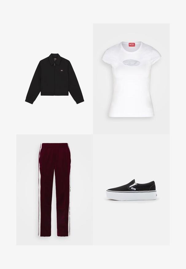 Melnā jaka ar rāvējslēdzēju, ar platu apkakli, garām piedurknēm un sānu kabatām. Uz kreisā krūšu sāna atrodas neliela logo. Izgatavota no mīksta auduma.; Balts derīgs T-krekls, izgatavots no kokvilnas, ar apaļu dekoltē un īsām piedurknēm, priekšpusē ir gaiši zils izšūts logotips.; Burgundijas sporta bikses ar aukliņu jostu, baltām sānu svītrām un šauru piegriezumu. Izgatavotas no gludas, vieglas auduma.; Melna kanvasu slip-on kurpe ar baltu gumijas zoli, kurai ir elastīgas sānu akcents un kontrastējoša šuvšana. Zīmola logo redzams sānos.