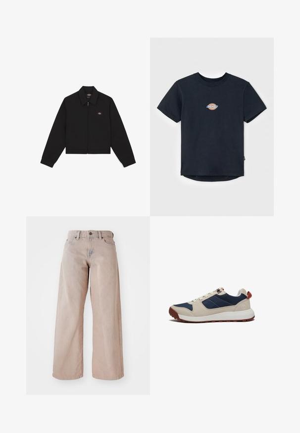 Svart zip-up jacka med platt krage, långa ärmar och sidofickor. Har en liten logotyp på vänster sida av bröstet. Tillverkad av mjukt tyg.; Svart bomull t-shirt med korta ärmar, rund hals och en liten flerfärgad logotyp på bröstet. Rakt nederkant med en något längre bak.; Beige vidajeans med hög midja, fem fickor och knappstängning. Tyget har en mjuk textur och en lätt blekning framtill.; Sneakers med en beige ovandel, marinblå accenter och en texturerad gummisula. Har snören och en bakre ögla för enkelt användande. Tydlig sömnad är synlig.