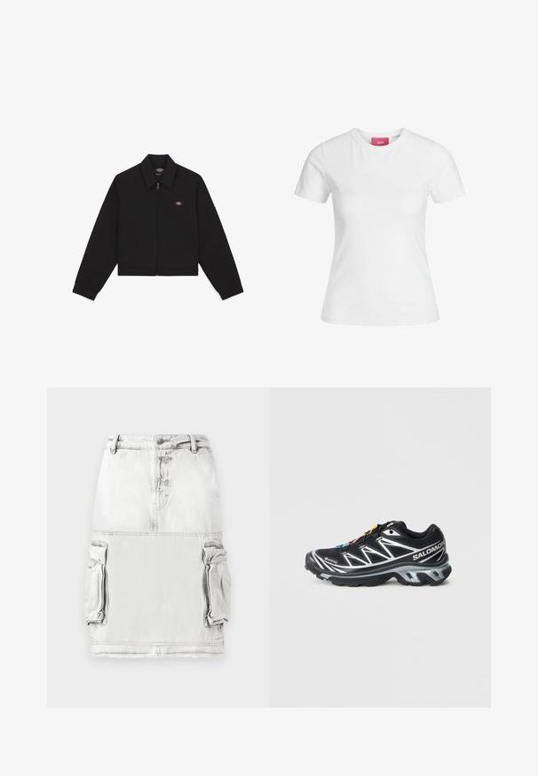 Black zip-up jacket with a flat collar, long sleeves, and side pockets. Features a small logo on the left side of the chest. Made of soft fabric.; White cotton t-shirt with short sleeves and a round neckline. Features a pink label on the inner neck. Smooth texture.; Denim skirt in light gray with a high waist, front buttons, and two side cargo pockets. Slightly distressed fabric texture.; Black running shoe with silver accents, GORE-TEX material, textured sole, and colorful laces. Features a cushioned heel for support.