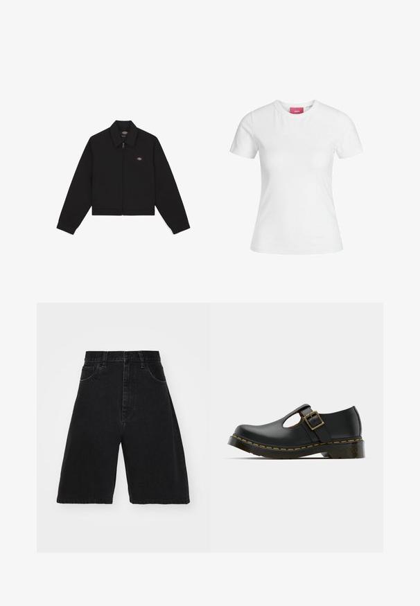 Melnā jaka ar rāvējslēdzēju, ar platu apkakli, garām piedurknēm un sānu kabatām. Uz kreisā krūšu sāna atrodas neliela logo. Izgatavota no mīksta auduma.; Balta kokvilnas t-krekls ar īsām piedurknēm un apaļu kakla izgriezumu. Iekšējā kakla daļā ir rozā etiķete. Gluda tekstūra.; Melni džinsu šorti ar augstu jostasvietu, plašu kāju dizainu, ar piecām kabatām un pogu aizdari. Gluda tekstūra ar minimālu izbalēšanu.; Melnas ādas kurpes ar noapaļotu purngalu, potītes siksniņu un sprādzi, zemu papēdi un dzeltenu izšuvumu gar zoli. Vienmērīga tekstūra visā virsmā.