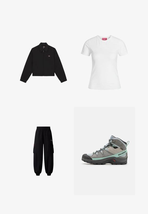 Juoda zip-up striukė su plokščiu apykakle, ilgomis rankovėmis ir šoninėmis kišenėmis. Ant kairiojo krūtinės šono yra mažas logotipas. Pagaminta iš minkštos medžiagos.; Balta medvilninė marškinė su trumpomis rankovėmis ir apvaliu iškirpimu. Vidiniame kakle yra rožinė etikete. Lygi tekstūra.; The North Face HIMALAYAN - Kareiviško stiliaus kelnės - tnf black; Pilkos spalvos žygių batai su tekstūruota oda ir tinkleliu, juodu guminiu pirštų dangteliu ir mėtinėmis akcentais. Gaminyje yra paminkštinta padai ir raištelių sistema.