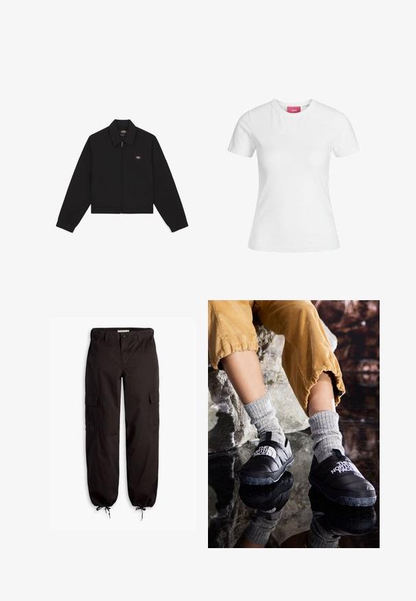 Crni zip-up jakna s ravnim ovratnikom, dugim rukavima i bočnim džepovima. Ima mali logo na lijevoj strani prsnog koša. Izrađena je od mekanog materijala.; Bijela pamučna majica s kratkim rukavima i okruglim izrezom. Ima ružičastu oznaku na unutarnjoj strani ovratnika. Glatka tekstura.; Crne cargo hlače od izdržljivog materijala, s više bočnih džepova, podesivom trakicom na manžetama i zatvaranjem na gumb.; Crne izolirane slip-on cipele s teksturiranom potplatom i bijelim logotipom, nosene s sivim pletenim čarapama, u kombinaciji s rebrastim hlačama boje senfa.
