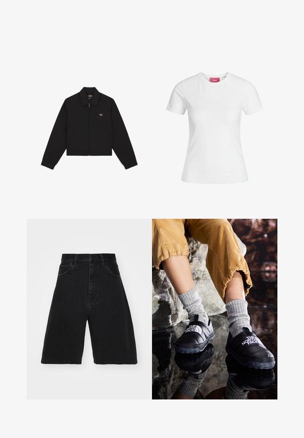 Crni zip-up jakna s ravnim ovratnikom, dugim rukavima i bočnim džepovima. Ima mali logo na lijevoj strani prsnog koša. Izrađena je od mekanog materijala.; Bijela pamučna majica s kratkim rukavima i okruglim izrezom. Ima ružičastu oznaku na unutarnjoj strani ovratnika. Glatka tekstura.; Crne traper kratke hlače s visokim strukom, širokim nogavicama, sa pet džepova i kopčanjem na gumb. Glatka tekstura s minimalnim izbljedjivanjem.; Crne izolirane slip-on cipele s teksturiranom potplatom i bijelim logotipom, nosene s sivim pletenim čarapama, u kombinaciji s rebrastim hlačama boje senfa.