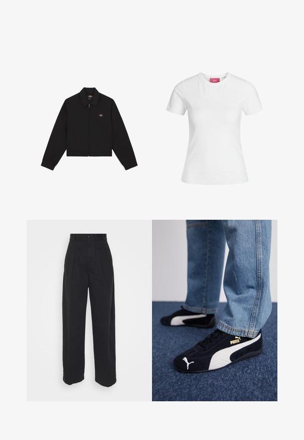 Svarte zip-up jakke med flat krage, lange ermer og sidelommer. Har en liten logo på venstre side av brystet. Laget av mykt stoff.; Hvit bomull T-skjorte med korte ermer og rund halslinning. Har et rosa merke på innsiden av halsen. Jevn tekstur.; Svarte vide bukser laget av bomull med en glatt tekstur, med en frontlukking med knapp og to side lommer.; Sorte semskematerial sneakers med hvite detaljer og et gullmerke. Brukt sammen med lyseblå denimjeans og plassert på en teksturert blå overflate.