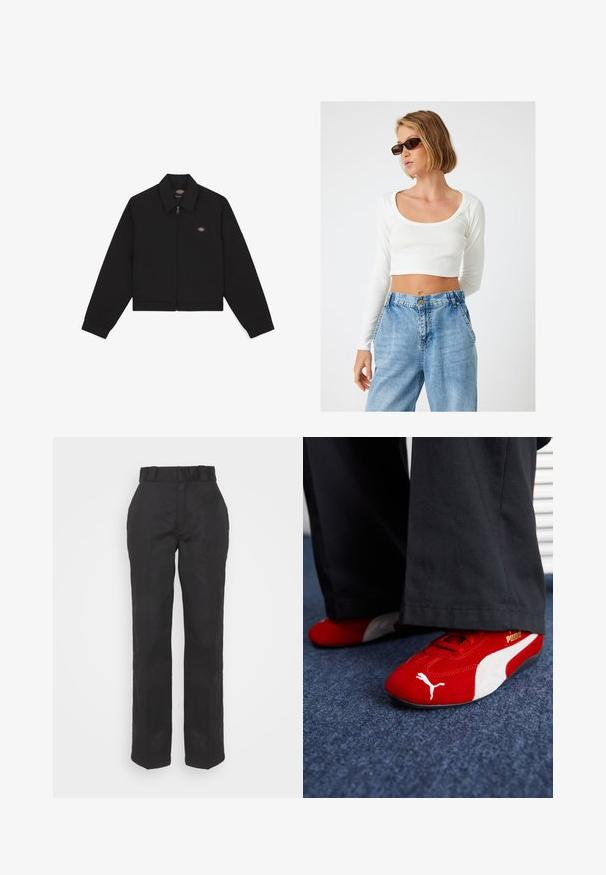 Giacca nera con zip, colletto piatto, maniche lunghe e tasche laterali. Presenta un piccolo logo sul lato sinistro del petto. Realizzata in tessuto morbido.; Crop top bianco a coste con maniche lunghe e scollo ampio, abbinato a jeans in denim azzurro chiaro a vita alta.; Pantaloni neri con una texture liscia, design a gamba dritta e vita con cintura. Presentano una silhouette semplice e classica senza motivi aggiuntivi.; Sneakers in camoscio rosso con accenti bianchi, caratterizzati da materiale testurizzato, punta rotonda e un logo dorato di lato, indossati con pantaloni neri.