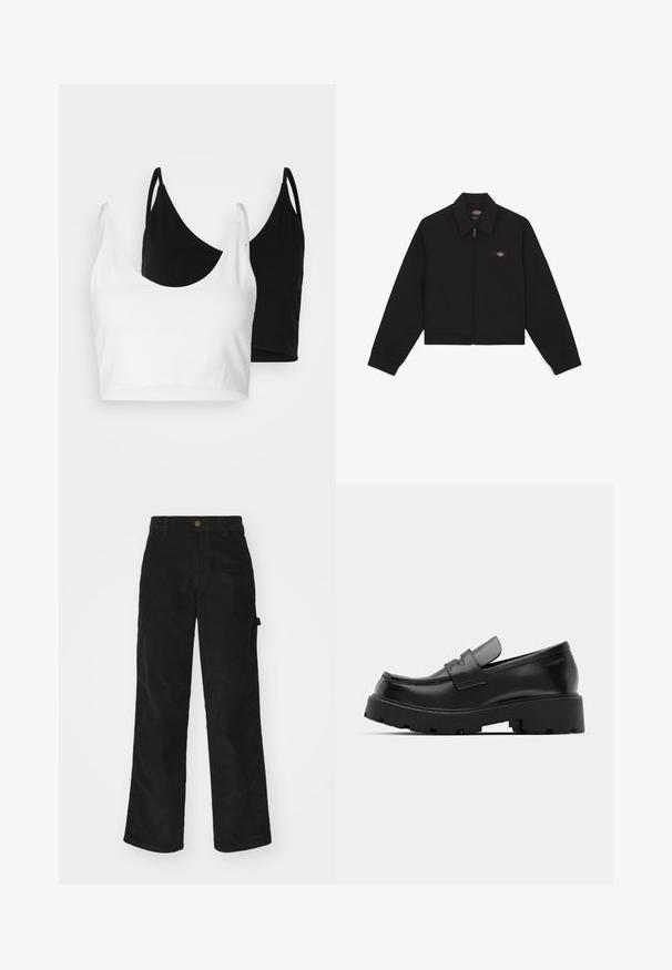 Sort zip-up jakke med flad krave, lange ærmer og sidelommer. Har et lille logo på venstre side af brystet. Lavet af blødt stof.; To bomulds crop tops i hvid og sort. Hver har en dyb udskæring og tynde skulderstropper, der har en glat, blød tekstur.; Sorte kordfløjsbukser med et lige ben-design, der har en knaplukning og sidelommer. Glat tekstur med fine lodrette striber.; Sorte læder loafers med en chunky tekstureret sål, der har en rem over vamps og en glat, poleret finish.