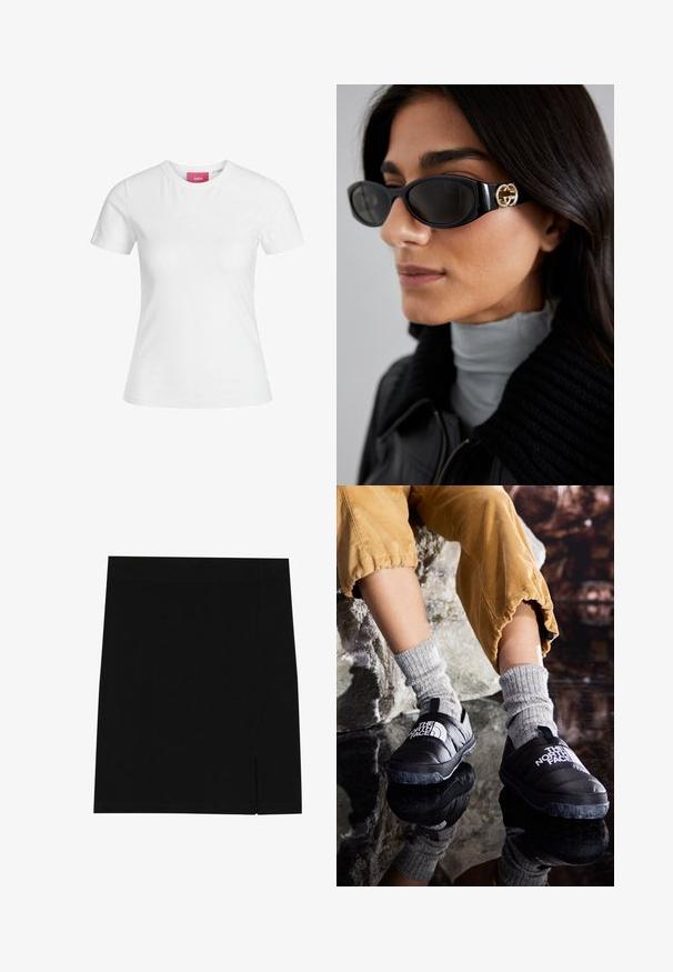 Fekete cipzáras dzseki lapos gallérral, hosszú ujjakkal és oldalzsebekkel. A mellkas bal oldalán egy kis logó található. Puha anyagból készült.; Fehér pamut póló rövid ujjakkal és kerek nyakkivágással. Belső nyakán rózsaszín címke található. Simogatós állagú.; Fekete mini szoknya puha anyagból, testhez álló szabással, az oldalon enyhe hasítékkal a különleges részletek érdekében.; Fekete, szigetelt, könnyen felhúzható cipők, texturált talppal és fehér logóval, szürke kötött zoknikkal viselve, ribbelt mustárszínű nadrággal párosítva.; Fekete napszemüveg, sima, téglalap alakú kerettel, arany logóval az oldalon. Sötét lencsék és fényes felület jellemzi.; Fekete steppelt bőr kézitáska arany lánc pánttal és kör alakú akasztóval. Kompakt, téglalap alakú.