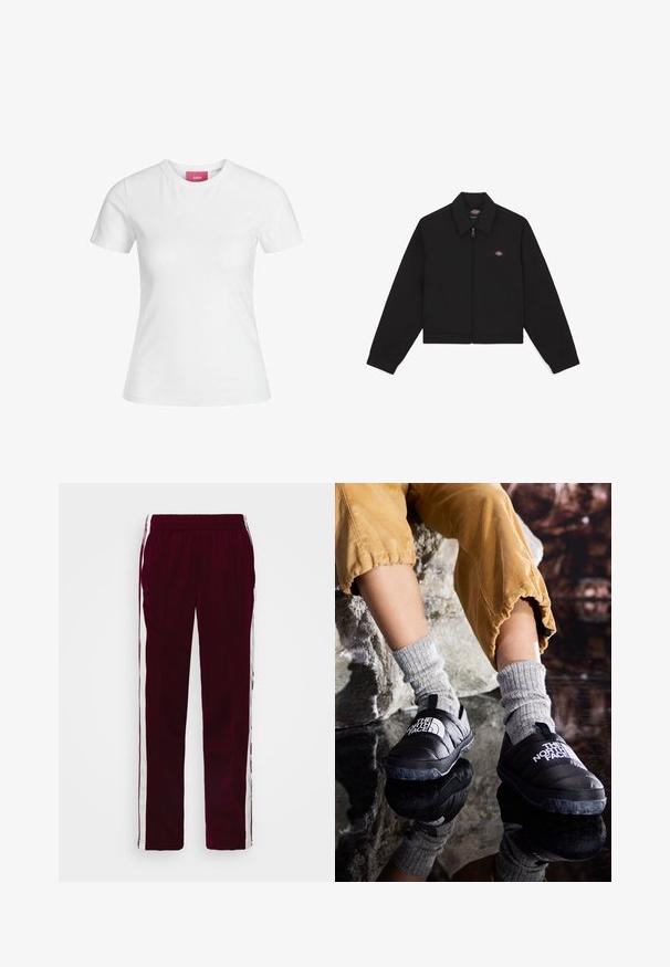 Juoda zip-up striukė su plokščiu apykakle, ilgomis rankovėmis ir šoninėmis kišenėmis. Ant kairiojo krūtinės šono yra mažas logotipas. Pagaminta iš minkštos medžiagos.; Balta medvilninė marškinė su trumpomis rankovėmis ir apvaliu iškirpimu. Vidiniame kakle yra rožinė etikete. Lygi tekstūra.; Burgundi spalvos sportinės kelnės su raišteliu juosmenyje, baltomis šoninėmis juostelėmis ir siauru siluetu. Pagamintos iš lygaus, lengvo audinio.; Juodos izoliuotos slip-on bateliai su tekstūruotais padais ir balta reklama, vilkintys pilkas megztas kojines, derinami su raguotomis garstyčių spalvos kelnėmis.