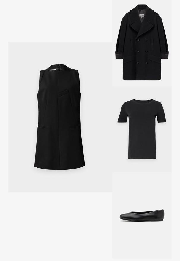 Schwarzer, doppelt geknöpfter Mantel aus Wollmischung mit großen Revers, zwei vorderen Taschen und glänzenden schwarzen Knöpfen, sowie Lederakzenten an den Ärmelabschlüssen.; Schwarzes T-Shirt mit kurzen Ärmeln aus weicher Baumwolle, mit rundem Halsausschnitt und klassischer Passform. Glatte Textur, ohne Muster oder Verzierungen.; Schwarzes ärmelloses Oberteil mit hohem Kragen, strukturiertem Design, Taschendetails auf der Vorderseite und verdecktem Reißverschluss hinten, aus einem strukturierten Stoff gefertigt.; Paul Smith TOPANGA - Klassischer Ballerina - black