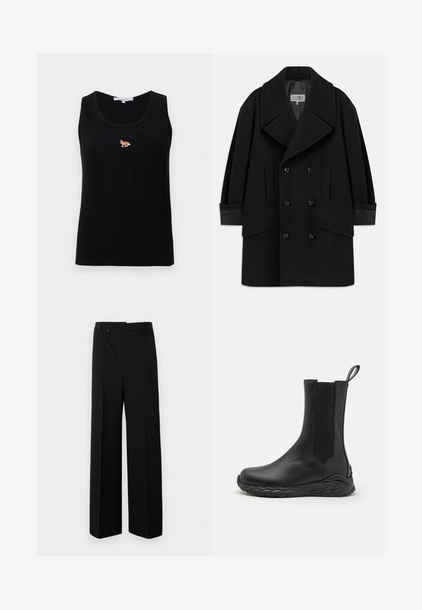 Divkāršais melnais mētelis no vilnas maisījuma, ar lieliem atlociem, divām priekšējām kabatām un spīdīgiem melniem pogām, piedurknēm ar ādas akcentiem.; Melnas bezpiedurkņu ribota topa blūze ar mazu izšūtu oranžu lapsas logotipu, kas centrēts uz krūšu daļu.; Melni platās bikses ar taisnu priekša, pogu aizdari un gludu auduma tekstūru. Ievērojama tieša piegriezuma un asu līniju klātbūtne.; MCM SKYWANDER - Zābaki - black
