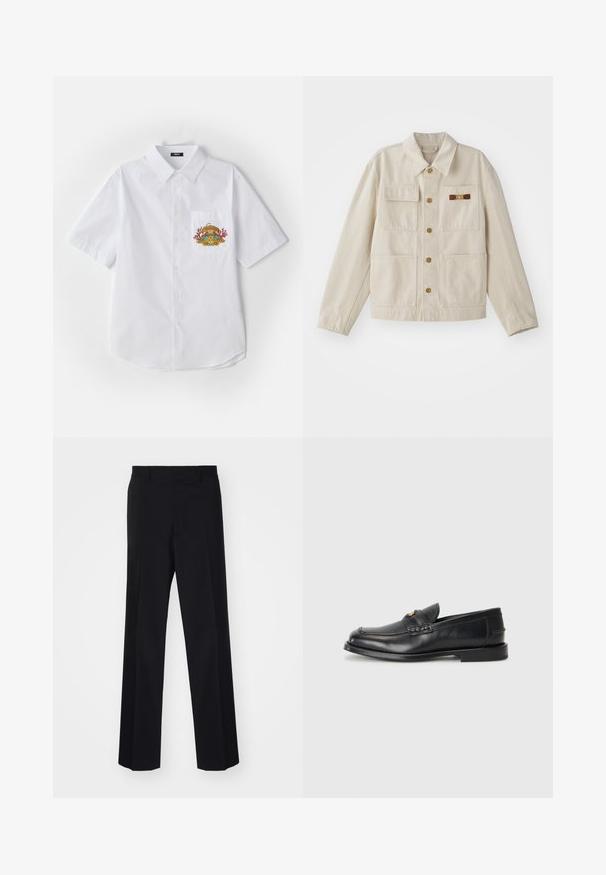 Beige gombos dzseki négy elülső zsebbel, hosszú ujjal, és egy kis barna és arany díszcsattal a jobb mellzsebben.; Fehér, rövid ujjú, galléros ing, amelyen színes hímzett minta található a bal oldali zseb felett.; Fekete, széles szárú, szabott nadrág sima textúrával és éles redőkkel, szőtt anyagból készült.; A fekete bőrcipők lekerekített orral, varrott részletezéssel és egy apró arany díszítéssel rendelkeznek az elején. A talp lapos és diszkrét.