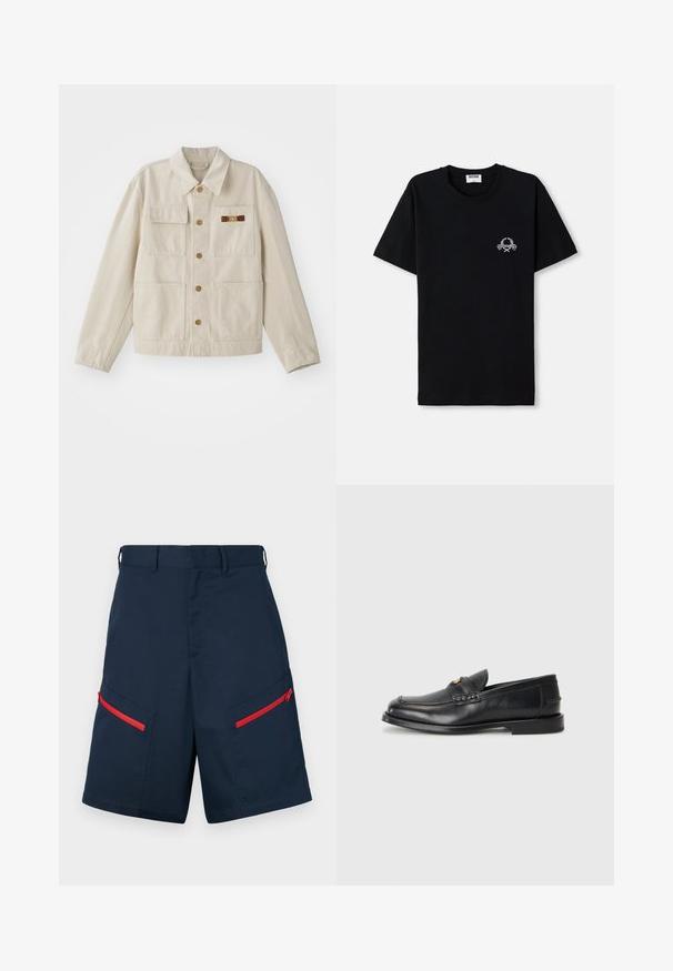Béžová sako s gombíkmi a štyrmi prednými vreckami, dlhými rukávmi a malým hnedým a zlatým dekoratívnym zapínaním na pravej hrudnej vrecku.; Čierne bavlnené tričko s okrúhlym výstrihom. Má malý biely grafický dizajn na hrudi. Krátke rukávy a rovný lem.; Námořnické cargo kraťasy vyrobené z látky se dvěma kapsami na zip s červenými akcenty, plochým předním dílem a šitými detaily.; Čierne kožené mokasíny majú zaoblenú špičku, prešívané detaily a malý zlatý akcent na prednej strane. Podrážka je plochá a nenápadná.