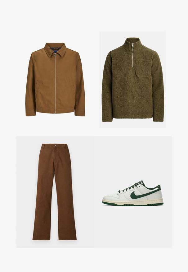 Brun zip-up jacka med krage, långa ärmar och två framfickor; slät textur och minimalistisk design utan synliga mönster.; Fleece-pullover i olivgrönt, med halvdragkedja och en bröstficka på vänster sida. Texturerat, mjukt material med en avslappnad passform.; Bruna bomullsbukser med rak bendesign, knappstängning och två framfickor. Slät textur utan synliga mönster eller dekorationer.; Vit lågprofilsneaker med mörkgrön Nike-swoosh, snören och sulaccenter, visad i profil mot en neutral vit bakgrund.