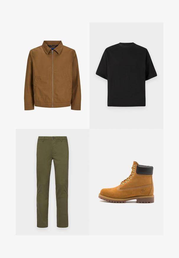 Braune Zip-Jacke mit Kragen, langen Ärmeln und zwei Fronttaschen; glatte Textur und minimalistisches Design ohne sichtbare Muster.; Schwarzes T-Shirt mit kurzen Ärmeln in lockerer Passform, aus glattem Baumwollmaterial, mit rundem Ausschnitt und minimalistischem Design.; Olivgrüne Baumwoll-Chinos mit geradem Beinschnitt, ausgestattet mit einem vorderen Knopfverschluss, Seitentaschen und sauberen Säumen.; Beige Wildleder-Ankle-Boot mit schwarzem gepolstertem Kragen, goldenen Metallösen, weißen Nähdetalben und einer robusten Gummisohle mit ausgeprägtem Profil.