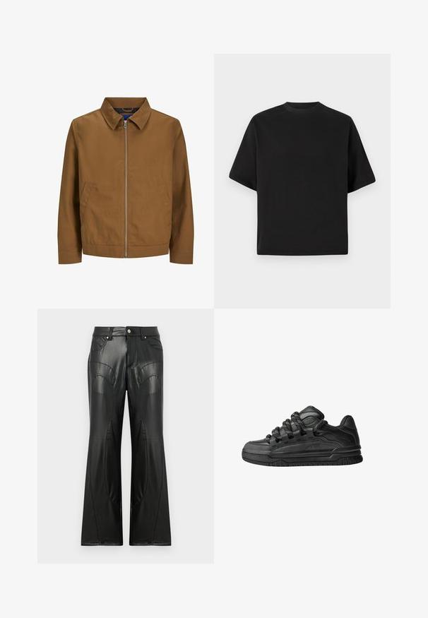 Giacca marrone con zip, colletto, maniche lunghe e due tasche frontali; texture liscia e design minimalista senza motivi visibili.; T-shirt nera a maniche corte in vestibilità larga, realizzata in cotone morbido, con scollatura rotonda e design minimalista.; Pantaloni neri a zampa d'elefante in ecopelle, con tasche frontali, cuciture a vista e dettagli a pannello curvo sui lati.; Sneaker nere con una toma in pelle liscia, dettagli testurizzati e lacci tondi neri e bianchi. Suola spessa in gomma con battistrada gommato.