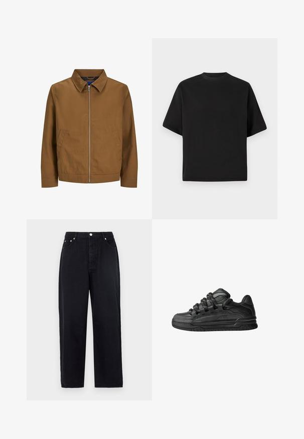 Smeđi zip-up jakna s ovratnikom, dugim rukavima i dva prednja džepa; glatka tekstura i minimalistički dizajn bez vidljivih uzoraka.; Crna majica kratkih rukava u slobodnom kroju, izrađena od glatkog pamuka, s okruglim izrezom i minimalističkim dizajnom.; Crne široke traperice izrađene od denima. Imaju prednje kopčanje na dugme, dva bočna džepa i klasičan dizajn od 5 džepova. Glatka tekstura.; Crne tenisice s glatkom kožnom gornjom površinom, teksturiranim detaljima i okruglim crnim i bijelim vezicama. Debeli gumeni potplat s uzorkom.
