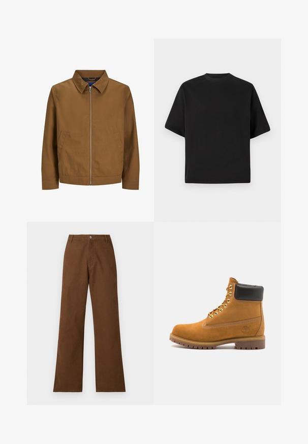 Pruun tõmbamisjakker koos kaelusega, pikkade varrukatega ja kahe esiosa taskuga; sile tekstuur ja minimalistlik disain, ilma nähtavate mustriteta.; Must musta lühikeste varrukatega T-särk laia lõikega, valmistatud siledast puuvillast, ümarate kaelustega ja minimalistlikus disainis.; Pruunid puuvillased püksid sirge sääre disainiga, nööpkinnitus ja kaks esi-taskut. Silmadele meeldiv sile tekstuur, ilma nähtavate mustrite või dekoratiivsete elementideta.; Küpset tan suede sääreboot musta pehmea kraega, kuldsed metallist silmad, valge õmblemise detailid ja robustne kummist tallaga, millel on väljendunud mustrid.