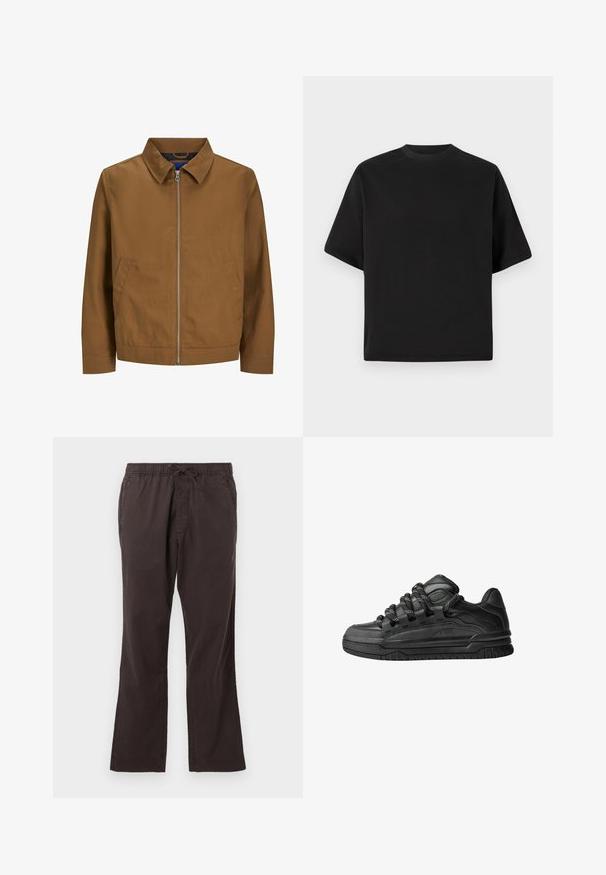 Braune Zip-Jacke mit Kragen, langen Ärmeln und zwei Fronttaschen; glatte Textur und minimalistisches Design ohne sichtbare Muster.; Schwarzes T-Shirt mit kurzen Ärmeln in lockerer Passform, aus glattem Baumwollmaterial, mit rundem Ausschnitt und minimalistischem Design.; Dunkelbraune Hose mit elastischem Bund und Kordelzug, mit geradem Bein und glattem, strukturiertem Stoff.; Schwarze Sneakers mit einem glatten Leder-Obermaterial, strukturierten Akzenten und runden schwarz-weißen Schnürsenkeln. Dicke Gummisohle mit einem gemusterten Profil.