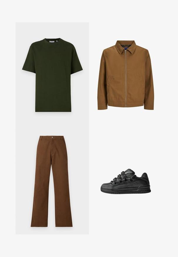 Brown zip-up jacket with a collar, long sleeves, and two front pockets; smooth texture and minimalist design with no visible patterns.; Dark green, short-sleeve t-shirt made of cotton. Round neck, relaxed fit, and smooth texture with no visible patterns or accents.; Brown cotton trousers with a straight-leg design, button closure, and two front pockets. Smooth texture with no visible patterns or embellishments.; Black sneakers with a smooth leather upper, textured accents, and round black and white laces. Thick rubber sole with a patterned tread.