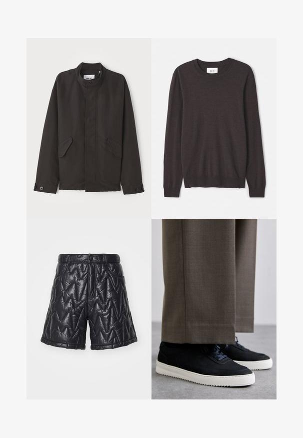 NN.07 SOPHUS - Übergangsjacke - black; Dunkelbrauner Strickpullover mit rundem Ausschnitt, langen Ärmeln, gerippten Bündchen und Saum, glatter Textur und minimalem Markenlabel.; Schwarze gesteppte Shorts aus glänzendem, gepolstertem Stoff. Mit Reißverschluss, Fronttaschen und einem Zickzack-Stichmuster auf der Oberfläche.; Schwarze Wildleder-Sneaker mit weißen Gummisohlen, mit einer abgerundeten Zehenpartie und Schnürsenkeln, getragen zu grauen maßgeschneiderten Hosen.