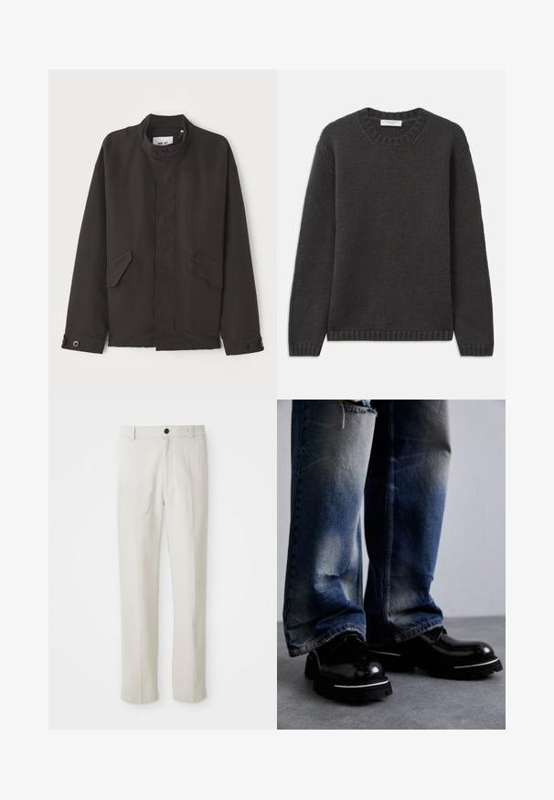 NN.07 SOPHUS - Lengva striukė - black; Tamsiai pilkos spalvos megztinis su apvalia kaklo iškirpte, prašmatniais rankogaliais ir apatine dalimi. Audinys turi tekstūruotą išvaizdą ir yra įprasto kirpimo.; Bežiniai tiesūs keliai su diržo kilpomis, priekiniais mygtukais ir užtrauktuku, išdėstyti ant balto fono.; Juodi odiniai batai su blizgiu paviršiumi, turintys storą padą ir baltą juostelę. Dėvimi su dėvėtais mėlynais džinsais, rodančiais šviesų blukimą.