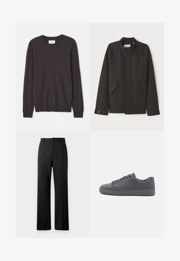 NN.07 SOPHUS - Lagana jakna - black; Tamno smeđi pleteni pulover s okruglim izrezom, dugim rukavima, rebrastim manžetama i donjim rubom, glatkom teksturom i minimalnom oznakom branda.; Crne hlače ravnog kroja s petljama za remen, prednjim dugmetom i zatvaračem, prikazane na jednostavnoj bijeloj pozadini.; Sive suede tenisice s niskim dizajnom, okruglim vrhom, vezanjem sprijeda i teksturiranom gumenom potplatom. Minimalistički stil s suptilnim brendiranjem na peti.