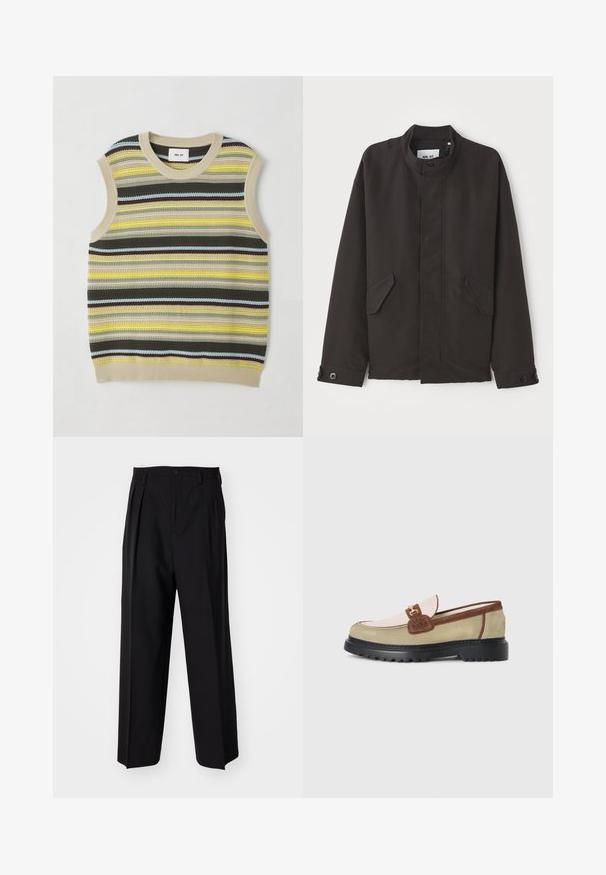 NN.07 SOPHUS - Könnyű dzseki - black; Kötött ujjatlan felső, vízszintes sárga, zöld, barna és kék csíkokkal. Kerek nyakkivágás bézs bordázott szegéllyel. Texturált anyag.; Fekete, pliszírozott nadrág, egyenes, széles lábakkal. Sima anyagból készült, gombos záródással és övhurkokkal rendelkezik.; Loafer bézs, világos rózsaszín és barna velúr panelekből, arany fém csattal, és vastag fekete gumi talppal, amelynek taposó mintázata van.