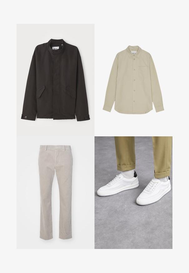 NN.07 SOPHUS - Light jacket - black; Beige long-sleeve button-up shirt with a pointed collar, single chest pocket, and subtle texture. Features contrasting buttons and neat stitching.; Beige corduroy pants with vertical ribbed texture, straight cut, and standard waistband. Front pockets and belt loops included.; White sneakers with a textured leather finish, rounded toe, and black heel accent. Rubber sole with small tread pattern and stitched detail.