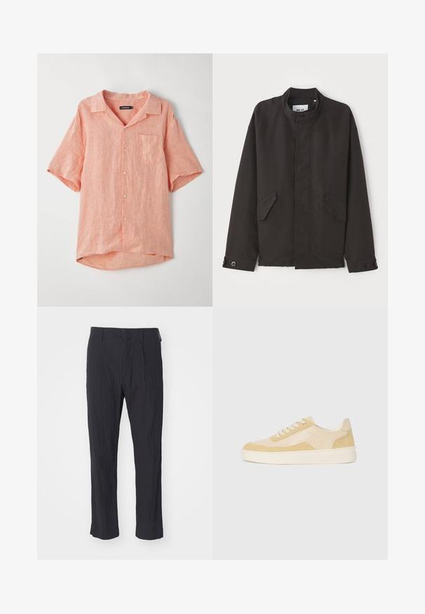 NN.07 SOPHUS - Giacca da mezza stagione - black; Camicia a maniche corte con bottoni di colore corallo chiaro, realizzata in tessuto di lino texturizzato. Presenta una singola tasca sul petto e un colletto da campeggio.; Pantaloni neri plissettati con tessuto testurizzato, caratterizzati da un design a gamba dritta e una vita standard. Senza tasche visibili o componenti metallici.; Sneakers in morbido camoscio e pelle giallo chiaro, con una suola imbottita e dettagli cuciti. Design classico con lacci e punta rotonda.