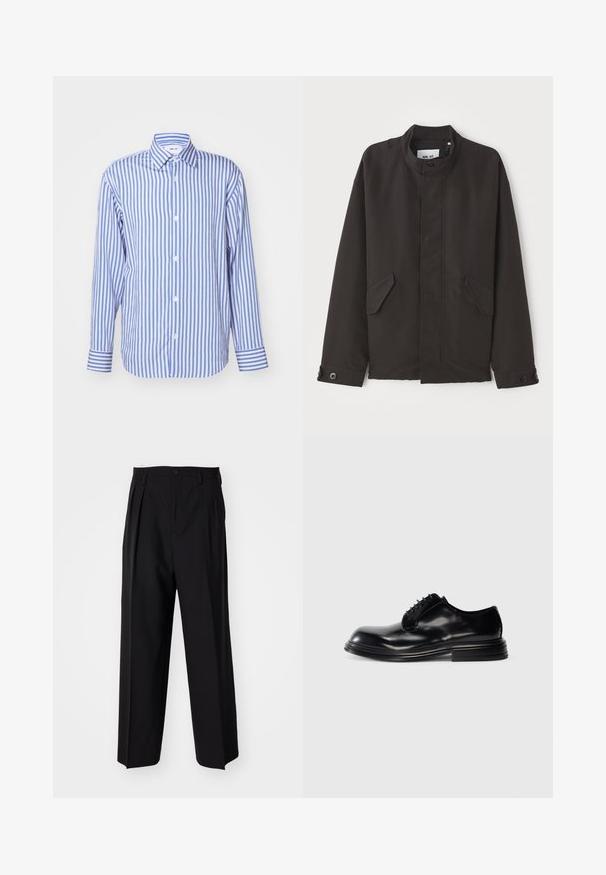 NN.07 SOPHUS czarny; Niebieska i biała koszula w paski, z kołnierzykiem, długimi rękawami, z przodu zapinana na guziki, wykonana z miękkiego materiału, z guzikowymi mankietami i równomiernie rozmieszczonymi pionowymi pasami.; Czarne plisowane spodnie o prostym, szerokim kroju nogawek. Wykonane z gładkiego materiału, z zapięciem na guzik i pętelkami na pasek.; Czarne skórzane buty wizytowe z zaokrąglonym noskiem, gładkim wykończeniem, sznurowanym zapięciem i warstwowym obcasem. Minimalistyczny styl bez widocznych logo.