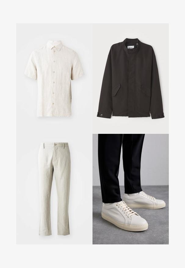 NN.07 SOPHUS - Casaco leve - black; Camisa de linho de mangas curtas em bege claro. Apresenta um colarinho clássico, fechamento por botões e uma textura subtil. Design limpo, sem padrões.; Calças de linho beije claro com corte reto, textura subtil, fecho frontal com botão e dois bolsos laterais. Concebidas para uma silhueta limpa.; Tênis de couro bege claro com atacadores planos, uma superfície texturizada e uma sola de borracha creme contrastante, combinados com calças pretas ajustadas.