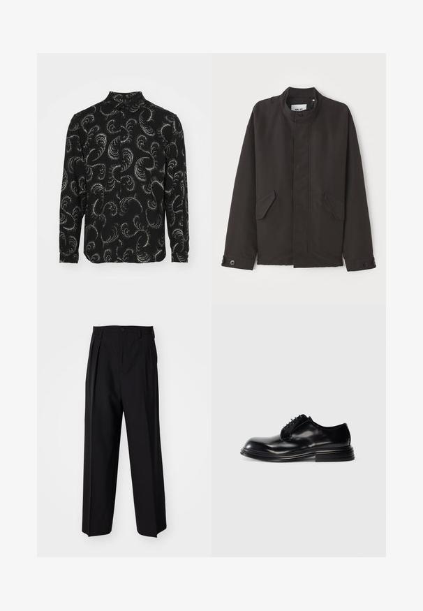 NN.07 SOPHUS - Jas - black; Zwarte button-up shirt met witte kronkelige paisleypatronen, lange mouwen en een standaard kraag, gemaakt van lichtgewicht stof.; Zwarte geplooide broeken met een rechte, brede pijpontwerp. Gemaakt van soepele stof, met een knoopsluiting en riemlussen.; Zwarte leren nette schoen met een ronde neus, gladde afwerking, vetersluiting en een gestapelde hak. Minimalistische stijl zonder zichtbare logo's.