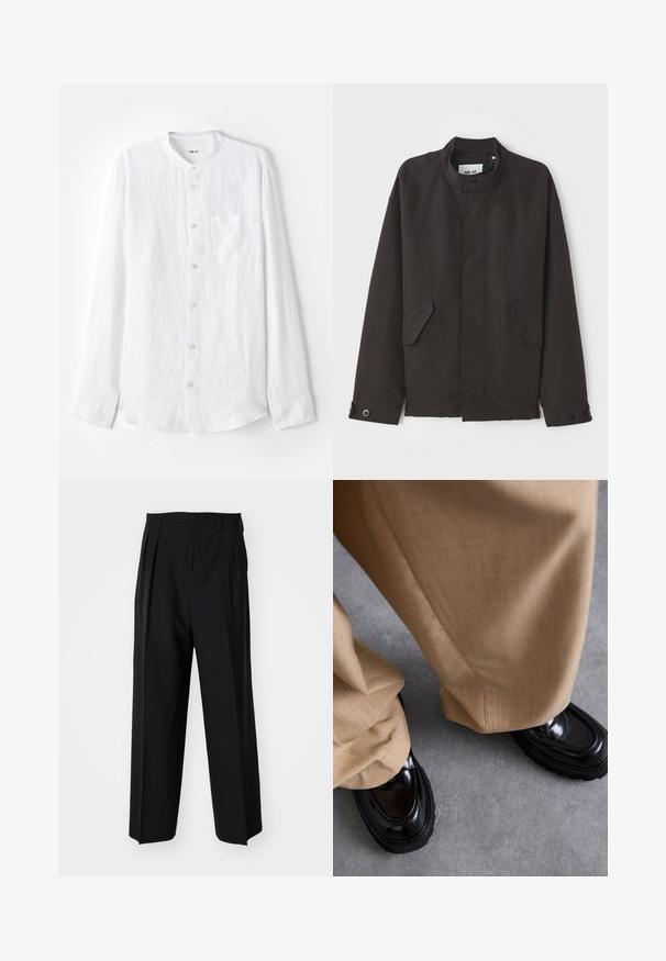 NN.07 SOPHUS - Mezisezónní bunda - black; Bílá košile s dlouhými rukávy vyrobená z texturované látky, s límcem typu band, zapínáním na knoflíky, jednou náprsní kapsou a stříbrnými knoflíky.; Černé skládací kalhoty s rovnými, širokými nohavicemi. Vyrobené z hladké tkaniny, se zapínáním na knoflík a poutky na opasek.; Beige kalhoty s texturovaným povrchem, doplněné lesklými černými mokasíny s hrubou podešví a ozdobným prošíváním.