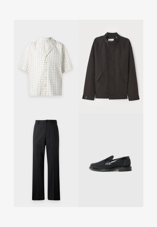 NN.07 SOPHUS - Könnyű dzseki - black; Rövid ujjú póló világos bézs anyagból, rácsos mintával. Különleges gallérral rendelkezik és hét gombos záródással készült.; Fekete egyenes szabású nadrág övhurkokkal, elülső gombbal és cipzárral, egyszerű fehér háttér előtt bemutatva.; Fekete szőtt slip-on cipő sima bőr díszítéssel a felsőrészen, kerek orral és alacsony profilos gumitalppal.